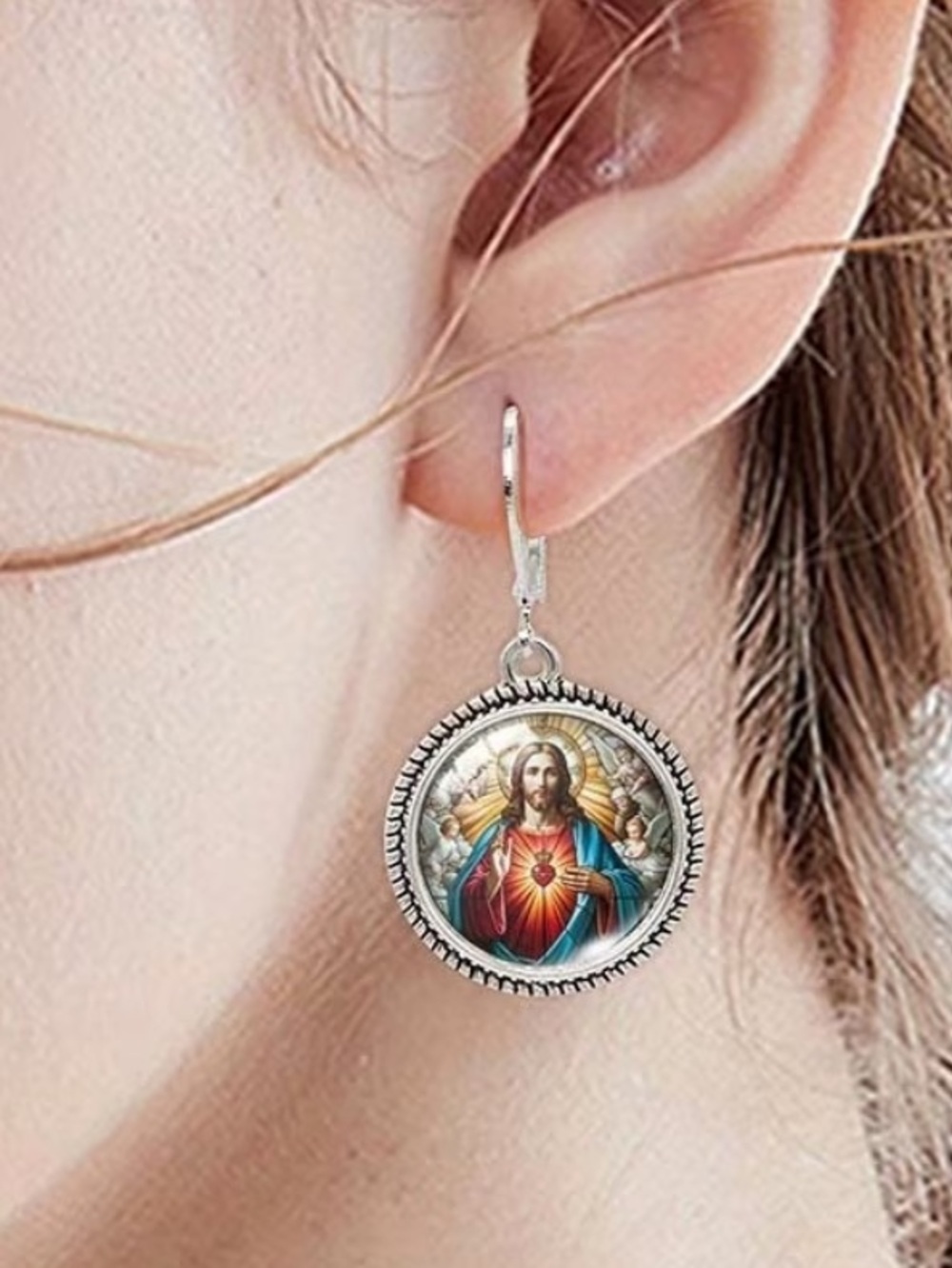 Boutique 9 Silver-Tone Sacred Heart Jesus Dangle Earrings with Red & Blue Enamel